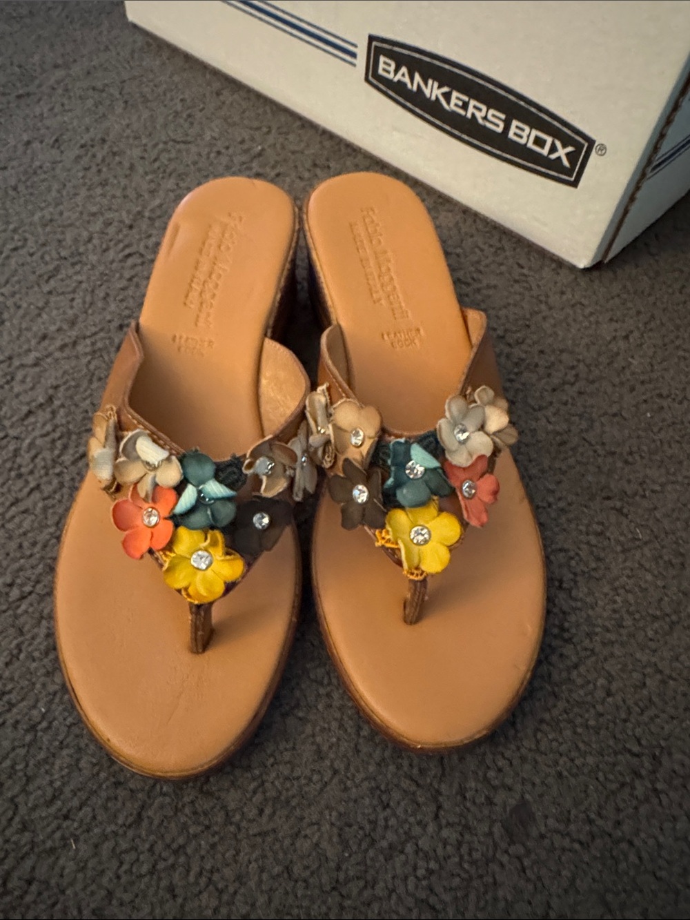 Franco Sarto Brown Leather Wedge Sandals with Multicolor Floral Accents